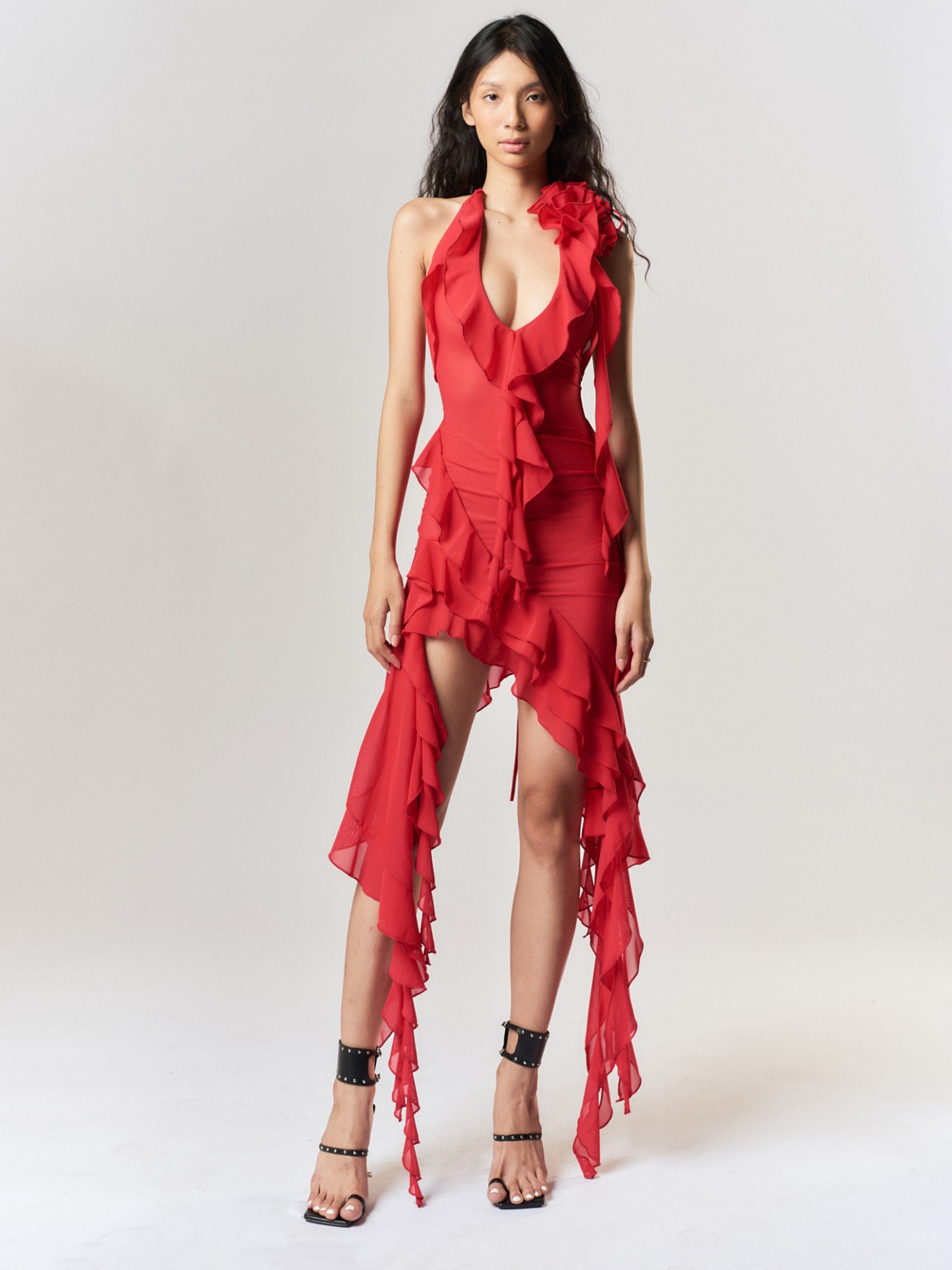 Picture of ICONIC HALTER RUFFLE DRESS IN RED